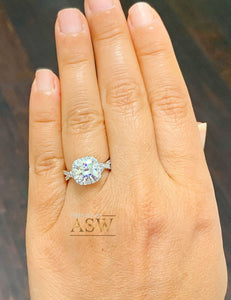 14K Solid White Gold Cushion Cut Moissanite and Round Cut Natural Diamond Engagement Ring Halo Prong 2.65ct