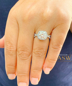 14K Solid White Gold Cushion Cut Moissanite and Round Cut Natural Diamond Engagement Ring Halo Prong 2.65ct
