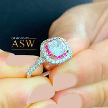 Load image into Gallery viewer, 14K Solid White Gold Cushion Cut Forever One Moissanite and Round Cut Natural Diamond And Ruby Engagement Ring Halo Prong 2.20ct

