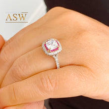 Load image into Gallery viewer, 14K Solid White Gold Cushion Cut Forever One Moissanite and Round Cut Natural Diamond And Ruby Engagement Ring Halo Prong 2.20ct

