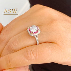 14K Solid White Gold Cushion Cut Forever One Moissanite and Round Cut Natural Diamond And Ruby Engagement Ring Halo Prong 2.20ct