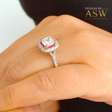 Load image into Gallery viewer, 14K Solid White Gold Cushion Cut Moissanite and Round Cut Natural Diamond And Ruby Engagement Ring Halo Prong 2.20ct
