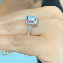 Load image into Gallery viewer, 14K Solid White Gold Cushion Cut Moissanite and Round Cut Natural Diamond And Ruby Engagement Ring Halo Prong 2.20ct
