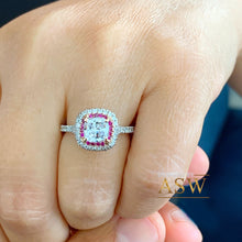 Load image into Gallery viewer, 14K Solid White Gold Cushion Cut Forever One Moissanite and Round Cut Natural Diamond And Ruby Engagement Ring Halo Prong 2.20ct
