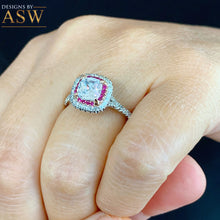 Load image into Gallery viewer, 14K Solid White Gold Cushion Cut Forever One Moissanite and Round Cut Natural Diamond And Ruby Engagement Ring Halo Prong 2.20ct
