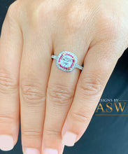 Load image into Gallery viewer, 14K Solid White Gold Cushion Cut Moissanite and Round Cut Natural Diamond And Ruby Engagement Ring Halo Prong 2.20ct

