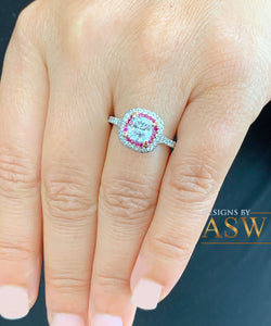 14K Solid White Gold Cushion Cut Moissanite and Round Cut Natural Diamond And Ruby Engagement Ring Halo Prong 2.20ct