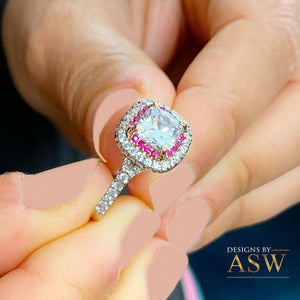 14K Solid White Gold Cushion Cut Moissanite and Round Cut Natural Diamond And Ruby Engagement Ring Halo Prong 2.20ct