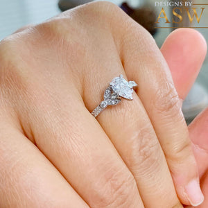14k Solid White Gold Pear And Round Cut Natural Diamond Engagement Ring Halo, Bridal, Wedding Deco Antique Style  1.20ctw
