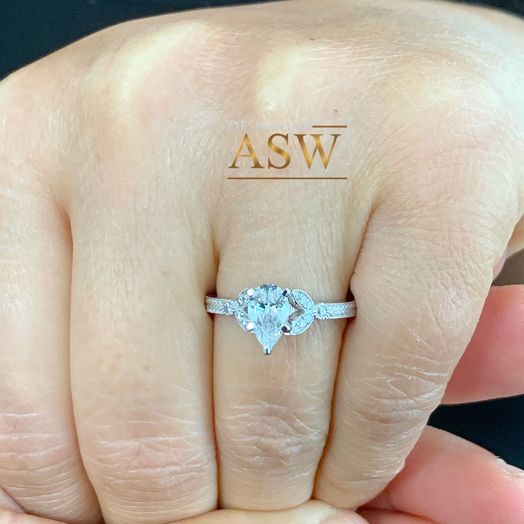 14K Solid White Gold Pear And Round Cut Simulated Diamonds Engagement Ring Halo Filigree Motif Design, Wedding Bridal 1.40ct
