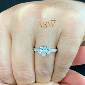 14k Solid White Gold Pear And Round Cut Natural Diamond Engagement Ring Halo, Bridal, Wedding Deco Antique Style  1.20ctw