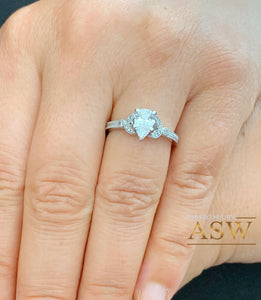14k Solid White Gold Pear And Round Cut Natural Diamond Engagement Ring Halo, Bridal, Wedding Deco Antique Style  1.20ctw