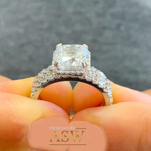 14k Solid And Heavy White Gold Cushion Cut Forever One Moissanite and Natural Diamond Engagement Ring And Two Bands Halo Bridal Set 3.70ct