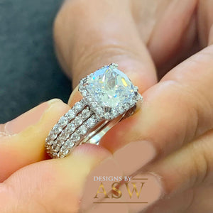 14k Solid And Heavy White Gold Cushion Cut Forever One Moissanite and Natural Diamond Engagement Ring And Two Bands Halo Bridal Set 3.70ct