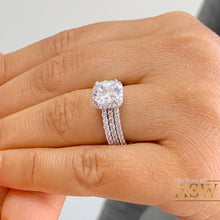 Load image into Gallery viewer, 14k Solid And Heavy White Gold Cushion Cut Forever One Moissanite and Natural Diamond Engagement Ring And Two Bands Halo Bridal Set 3.70ct
