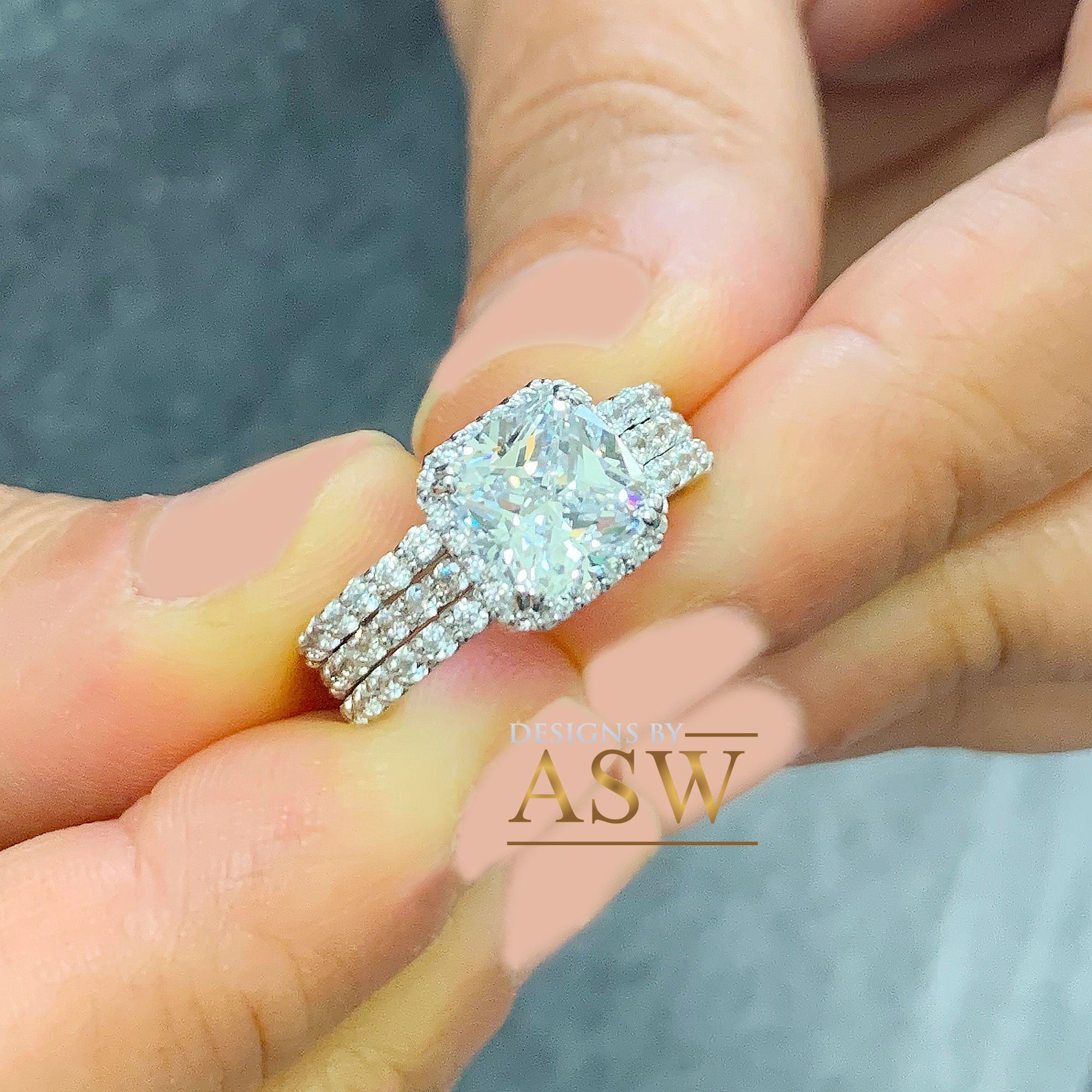 Moissanite Engagement Ring 3pcs Set Bridal Ring orders Set 2.15 Ct Cushion Cut Moissanite Solid 14K Gold Engagement Ring Promise Ring Stacking Ring