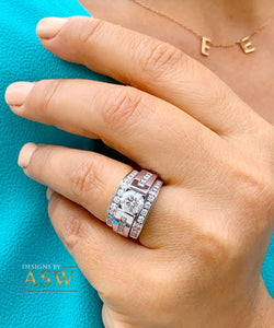 Women's 14k Solid And Heavy White Gold Round Moissanite And Natural Diamonds Engagement Ring Two Bands Tension Set Bridal Set 2.50ct
