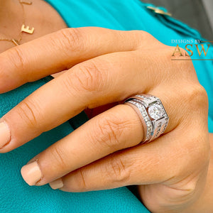Women's 14k Solid And Heavy White Gold Round Moissanite And Natural Diamonds Engagement Ring Two Bands Tension Set Bridal Set 2.50ct