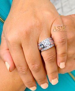 Women's 14k Solid And Heavy White Gold Round Moissanite And Natural Diamonds Engagement Ring Two Bands Tension Set Bridal Set 2.50ct
