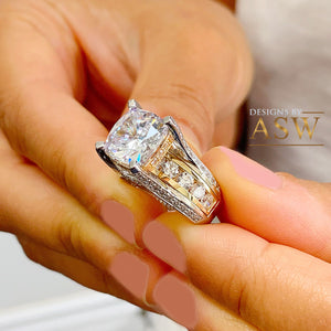 HUGE 6.50Ctw Heavy 14k Solid White Yellow Gold Cushion Cut Moissanite and Natural Diamond Engagement Ring
