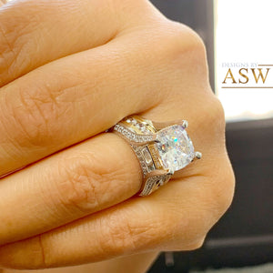 HUGE 6.50Ctw Heavy 14k Solid White Yellow Gold Cushion Cut Moissanite and Natural Diamond Engagement Ring