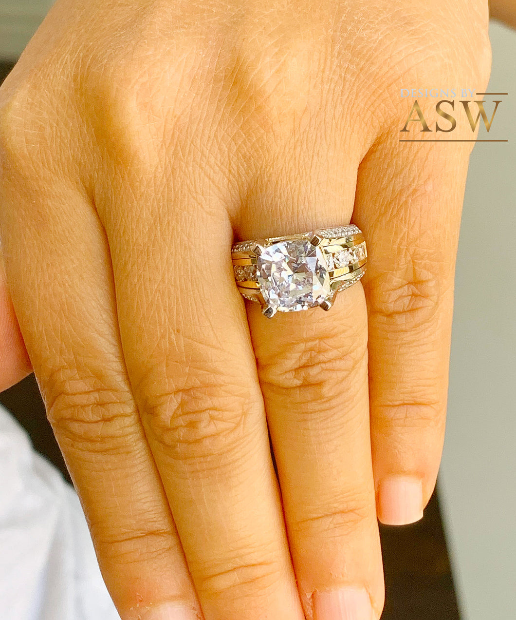 HUGE 6.50Ctw Heavy 14k Solid White Yellow Gold Cushion Cut Moissanite and Natural Diamond Engagement Ring