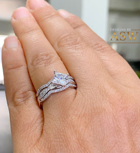 14K Solid White Gold Princess Cut Moissanite And Natural Diamond Engagement Ring And Two Bands Set, Wedding Deco  1.50ctw