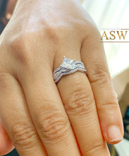 Load image into Gallery viewer, Beautiful 14K solid white gold 1.25 Carat princess cut diamond engagement ring and two bands bridal set wedding set halo natural diamonds
