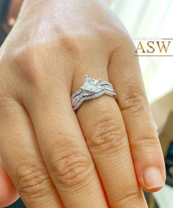 14K Solid White Gold Princess Cut Moissanite And Natural Diamond Engagement Ring And Two Bands Set, Wedding Deco  1.50ctw