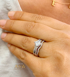 14K Solid White Gold Princess Cut Forever One Moissanite And Natural Diamond Engagement Ring And Two Bands Set, Wedding Deco  1.50ctw