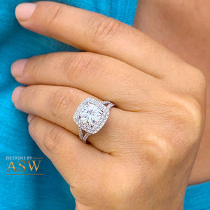 14k Solid White Gold Round Cut Moissanite and Natural Diamond Engagement Ring Double Halo, Bridal, Wedding Split Shank 3.00ctw