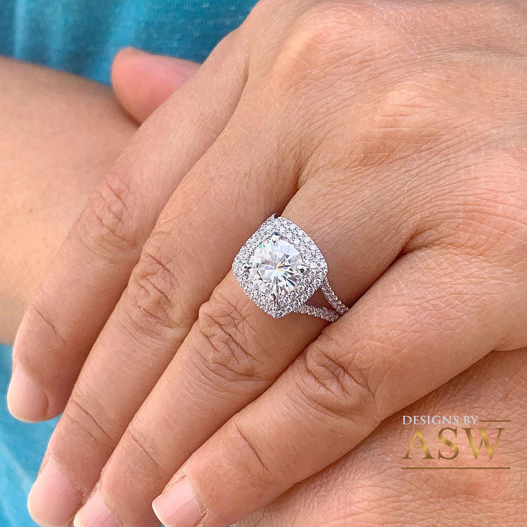 14k Solid White Gold Round Cut Moissanite and Natural Diamond Engagement Ring Double Halo, Bridal, Wedding Split Shank 3.00ctw