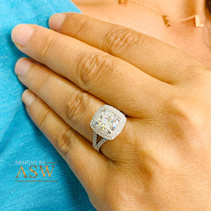 14k Solid White Gold Round Cut Moissanite and Natural Diamond Engagement Ring Double Halo, Bridal, Wedding Split Shank 3.00ctw