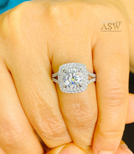 14k Solid White Gold Round Cut Moissanite and Natural Diamond Engagement Ring Double Halo, Bridal, Wedding Split Shank 3.00ctw
