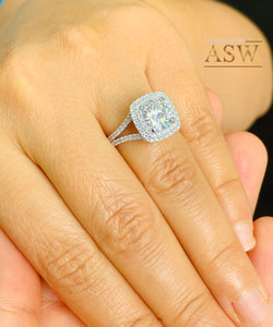 14k Solid White Gold Round Cut Moissanite and Natural Diamond Engagement Ring Double Halo, Bridal, Wedding Split Shank 3.00ctw