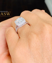 Load image into Gallery viewer, 14k Solid White Gold Round Cut Moissanite and Natural Diamond Engagement Ring Double Halo, Bridal, Wedding Split Shank 3.00ctw
