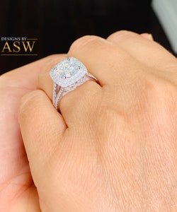14k Solid White Gold Round Cut Moissanite and Natural Diamond Engagement Ring Double Halo, Bridal, Wedding Split Shank 3.00ctw