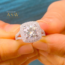 Load image into Gallery viewer, 14k Solid White Gold Round Cut Moissanite and Natural Diamond Engagement Ring Double Halo, Bridal, Wedding Split Shank 3.00ctw
