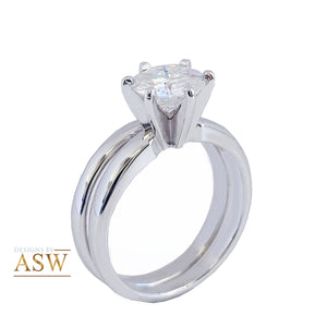Classic 14K Solid White Gold Round Cut Natural Diamond Engagement Ring And Band Six Prong, Solitaire 1.00ctw