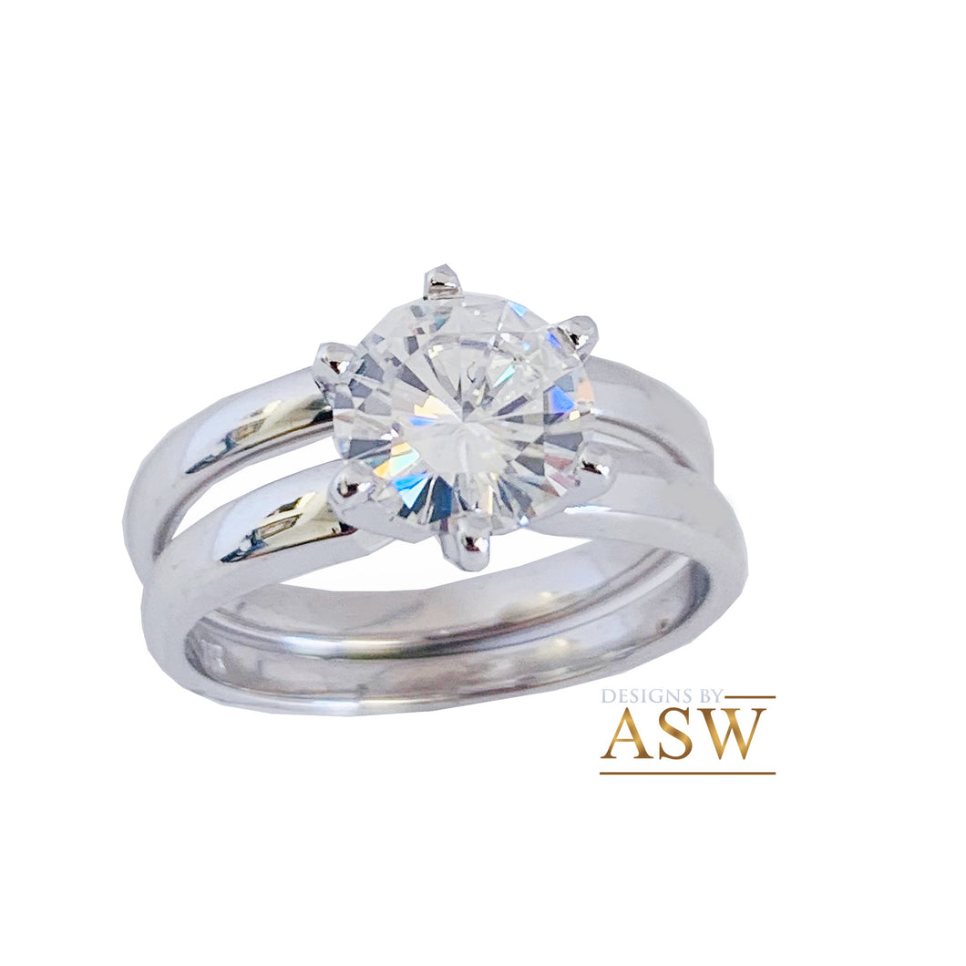 Classic Six Prong Setting 7.0mm 1.20ct Solitaire 14K Solid White Gold Round Cut Simulated Diamonds Engagement Ring And Band Set Wedding