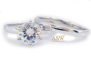 Classic 14K Solid White Gold Round Cut Natural Diamond Engagement Ring And Band Six Prong, Solitaire 1.00ctw