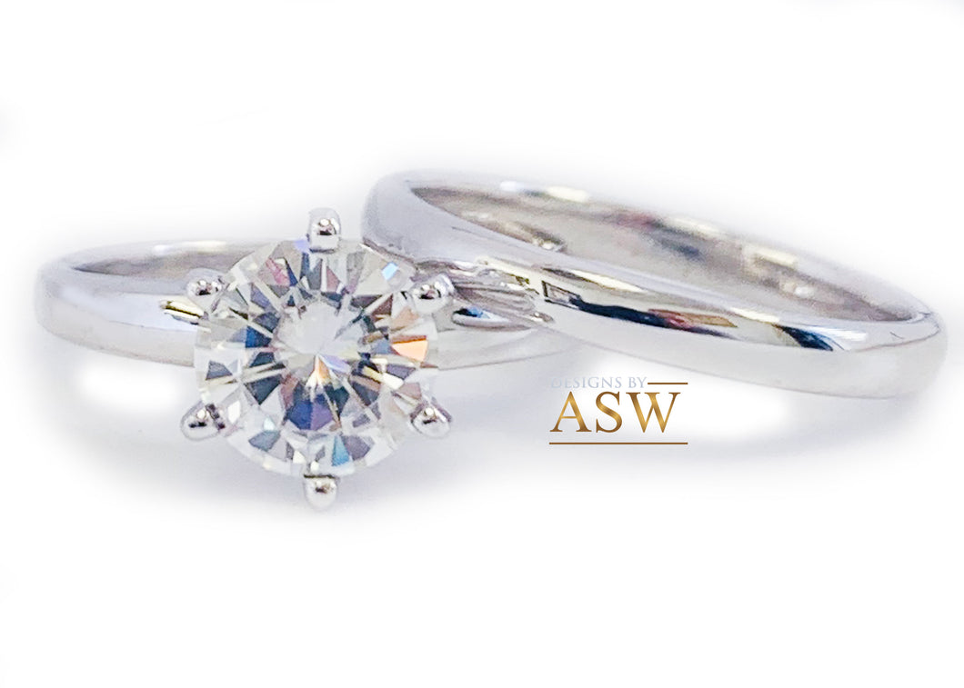 Classic 14K Solid White Gold Round Cut Natural Diamond Engagement Ring And Band Six Prong, Solitaire 1.00ctw