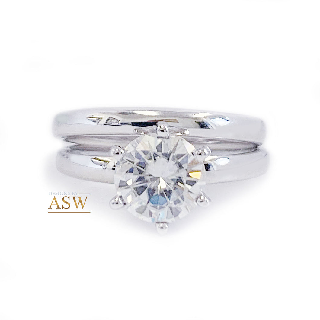 Classic 14K Solid White Gold Round Cut Moissanite Engagement Ring And Band Six Prong, Solitaire 1.20ctw