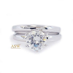 Classic 14K Solid White Gold Round Cut Natural Diamond Engagement Ring And Band Six Prong, Solitaire 1.00ctw