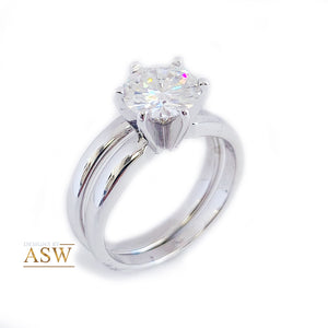 Classic 14K Solid White Gold Round Cut Natural Diamond Engagement Ring And Band Six Prong, Solitaire 1.00ctw