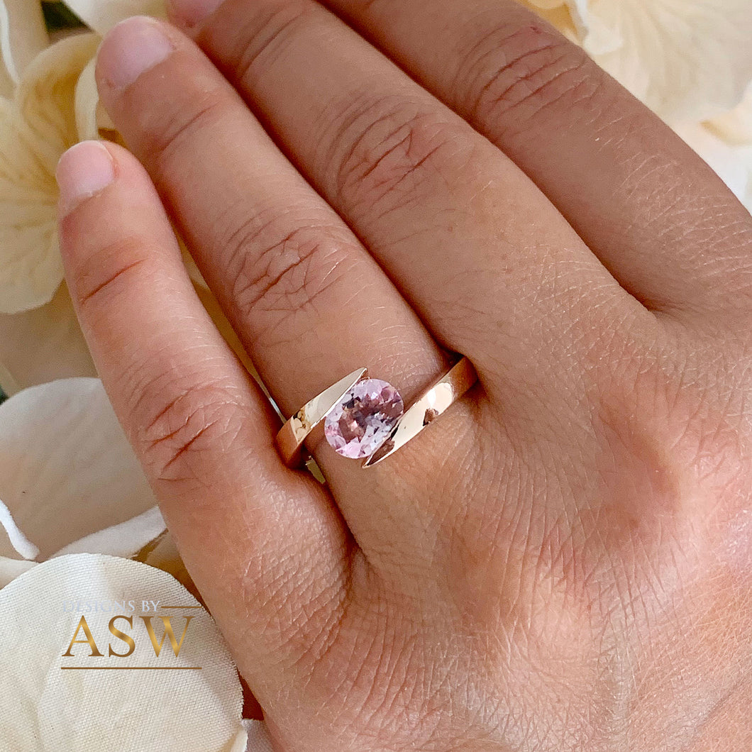 Unique 14K Solid Rose Gold Natural Oval Cut Morganite Tension Set Style, Engagement Ring Bridal Anniversary 1.20ctw