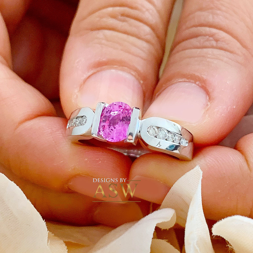 14K Solid White Gold Oval Cut Natural Pink Sapphire And Round Cut Natural Diamonds Semi Tension Set Ring 1.75ctw