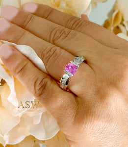 14K Solid White Gold Oval Cut Natural Pink Sapphire And Round Cut Natural Diamonds Semi Tension Set Ring 1.75ctw