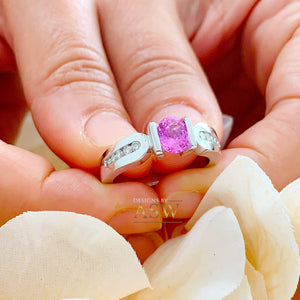 14K Solid White Gold Oval Cut Natural Pink Sapphire And Round Cut Natural Diamonds Semi Tension Set Ring 1.75ctw