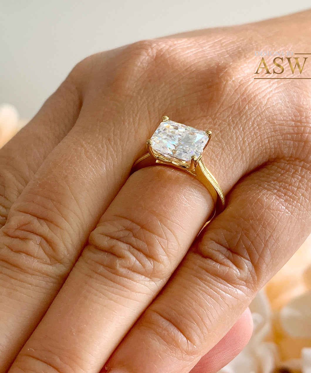 Women's Large FOUR Carat 14k Yellow Gold Radiant Simulated Diamond Engagement Ring, Bridal, Wedding, Anniversary, Prongs, Solitaire Propose